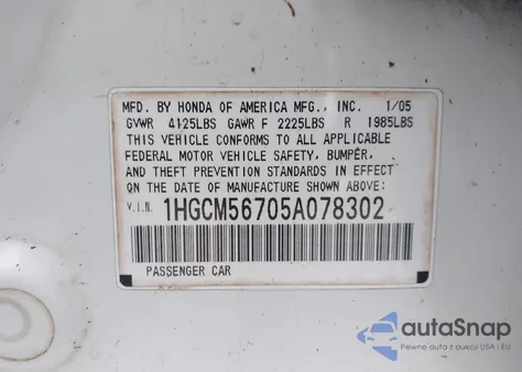 2005 Honda Accord 2.4 Ex из США, поврежденный, VIN 1HGCM56705A078302